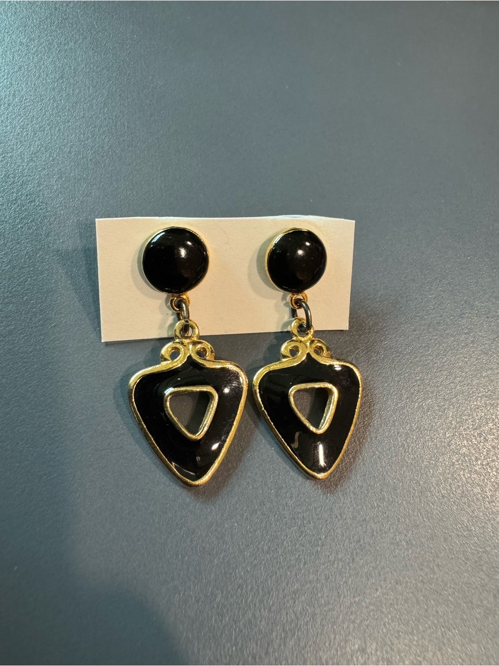Vintage Black Enamel Gold Tone Statement Dangle Earrings